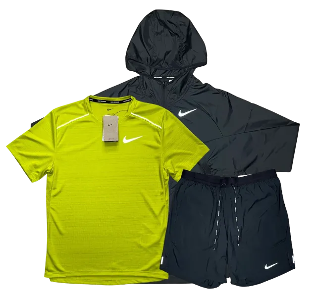 Nike Miler T-Shirt - Windrunner - Flex Stride Shorts Outfit - Bright Cactus/Black
