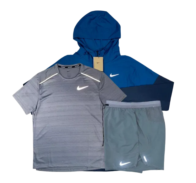 Nike Miler T-Shirt - Windrunner - Flex Stride Shorts Outfit - Grey/Court Blue/Grey