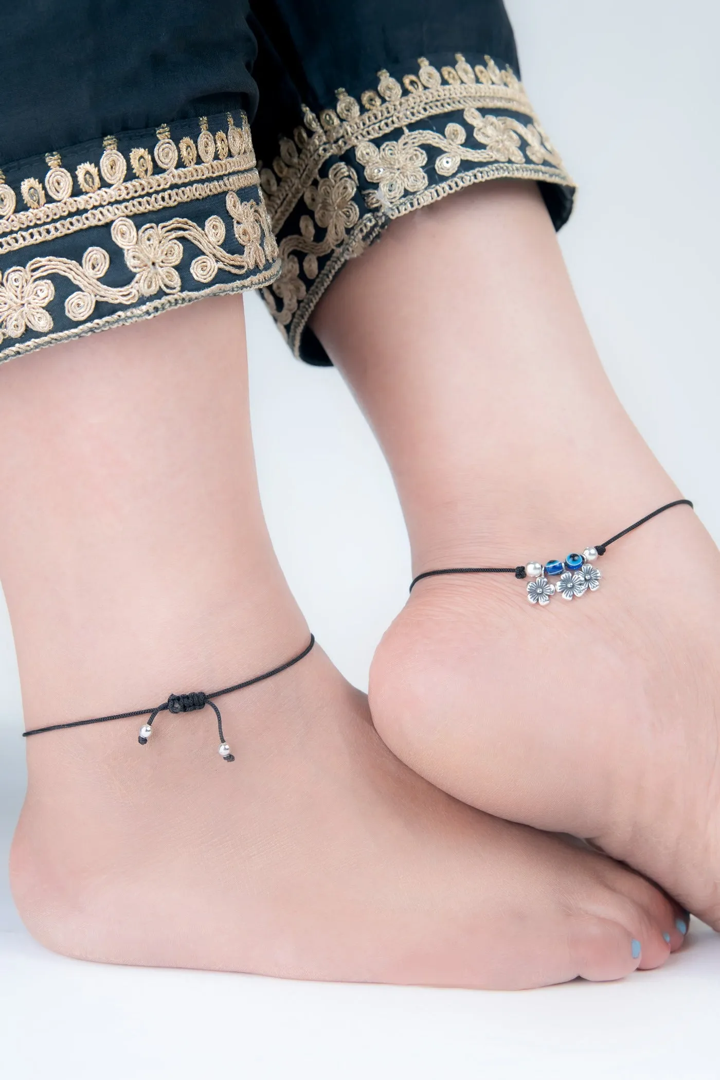 Nipura 925 Sterling Silver Floral Charm Adjustable Anklets Pair