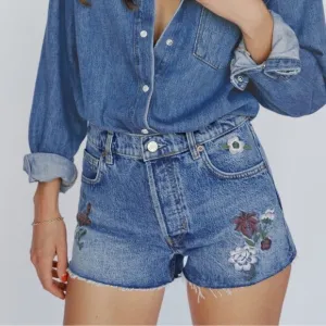 NWT Reformation Charlie Floral Embroidered High Rise Jean Shorts