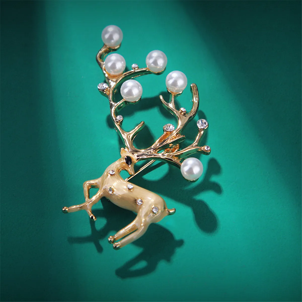 Pearl & Cubic Zirconia Enamel 18K Gold-Plated Reindeer Brooch
