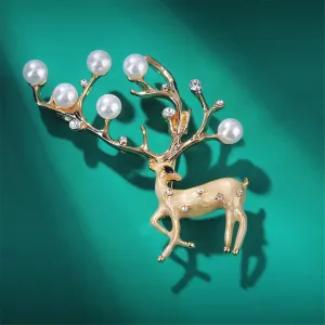 Pearl & Cubic Zirconia Enamel 18K Gold-Plated Reindeer Brooch