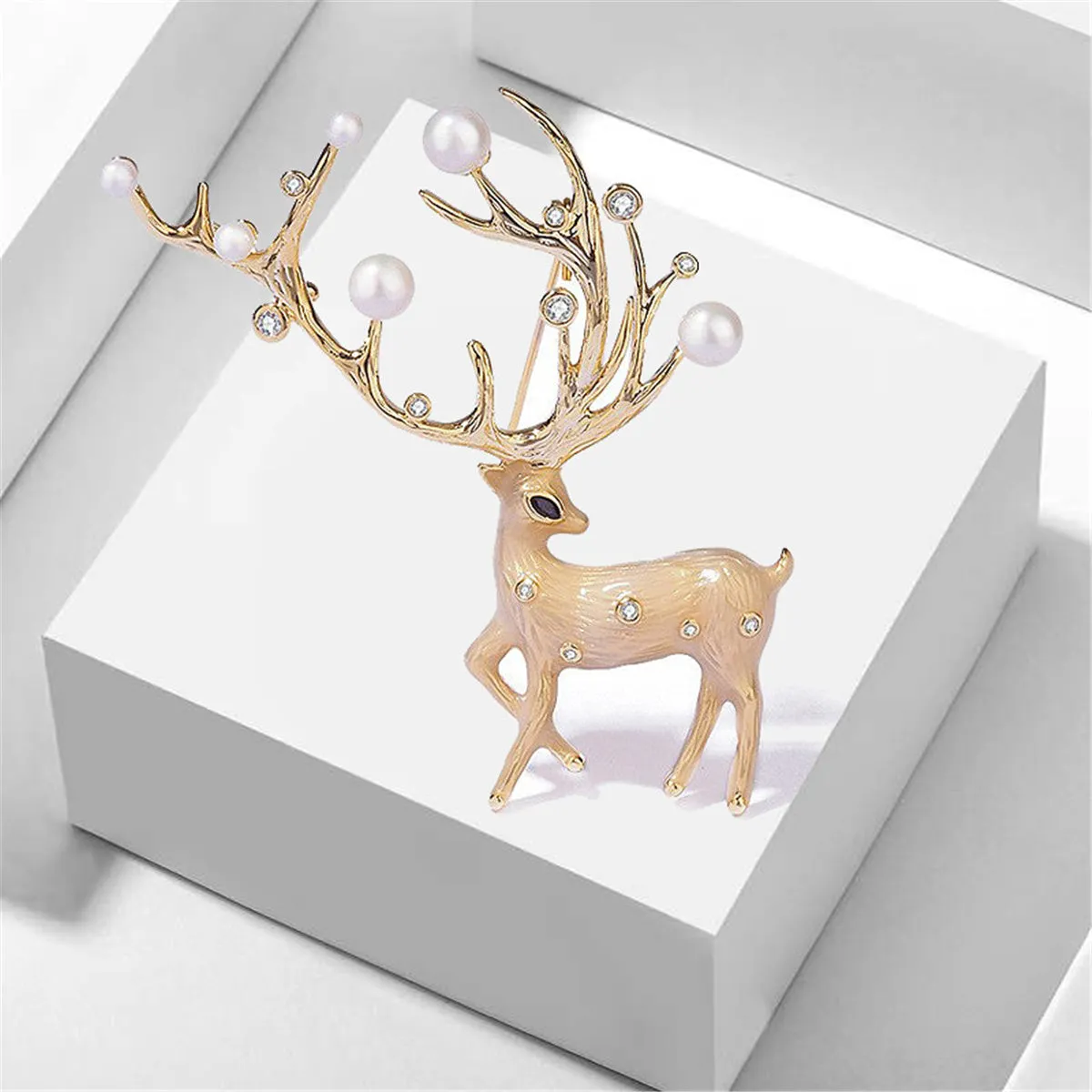 Pearl & Cubic Zirconia Enamel 18K Gold-Plated Reindeer Brooch
