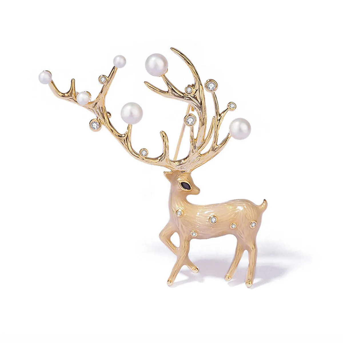 Pearl & Cubic Zirconia Enamel 18K Gold-Plated Reindeer Brooch