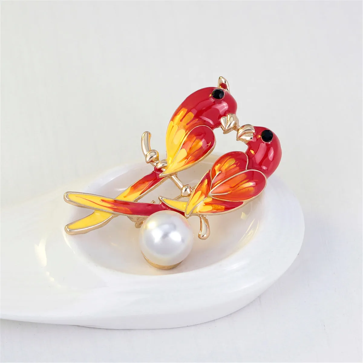 Pearl & Enamel 18k Gold-Plated Parrot Pair Brooch