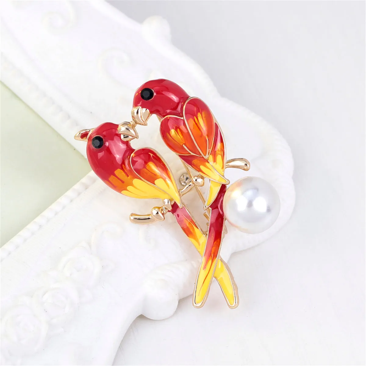 Pearl & Enamel 18k Gold-Plated Parrot Pair Brooch