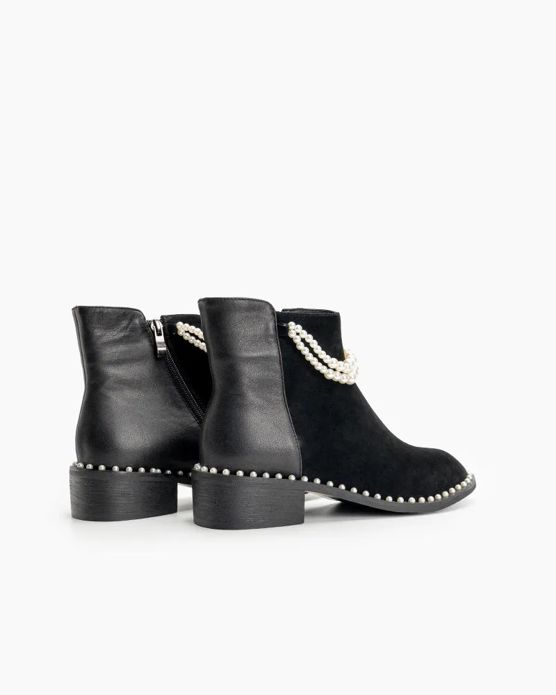 Pearls Chain Round Toe Chunky Heel Ankle Boots
