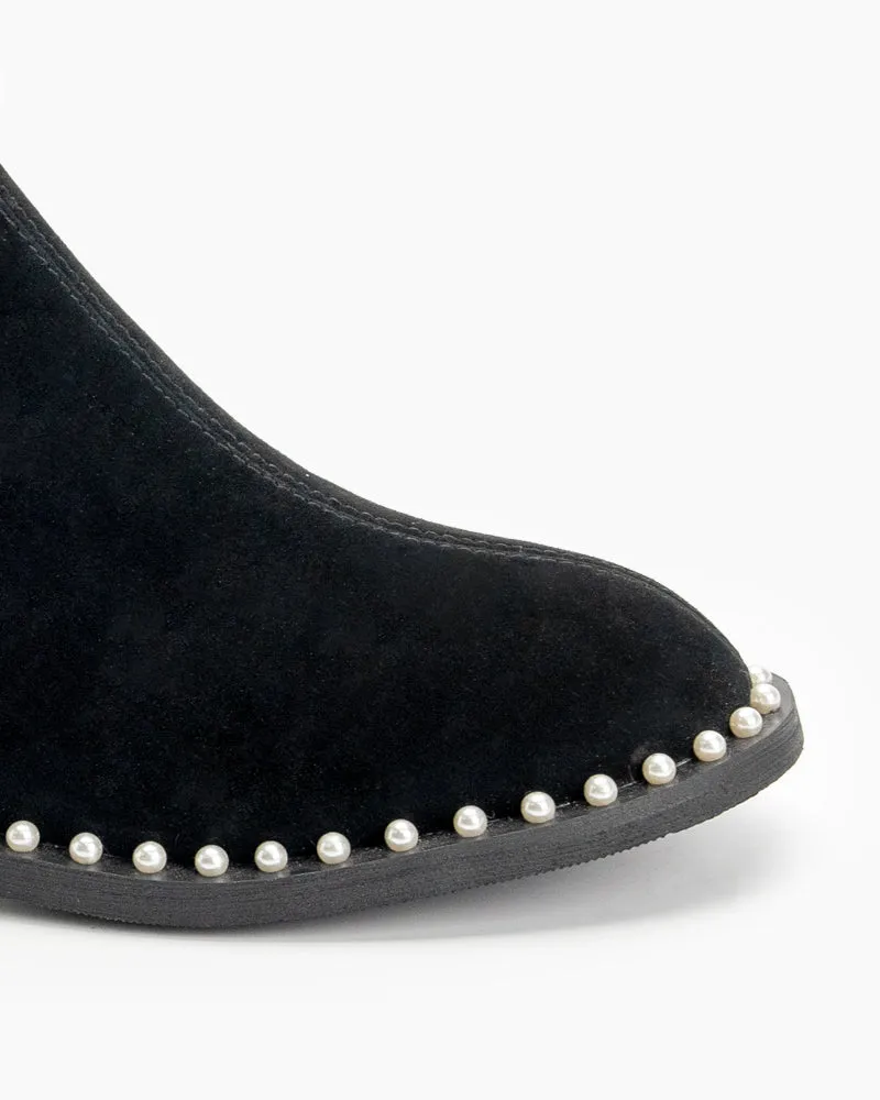 Pearls Chain Round Toe Chunky Heel Ankle Boots