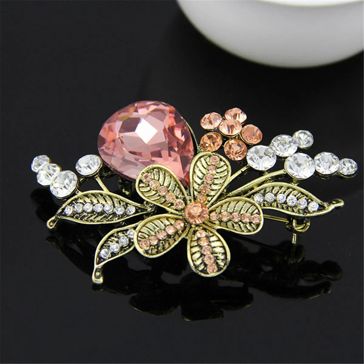 Pink Crystal & Cubic Zirconia Flower Brooch