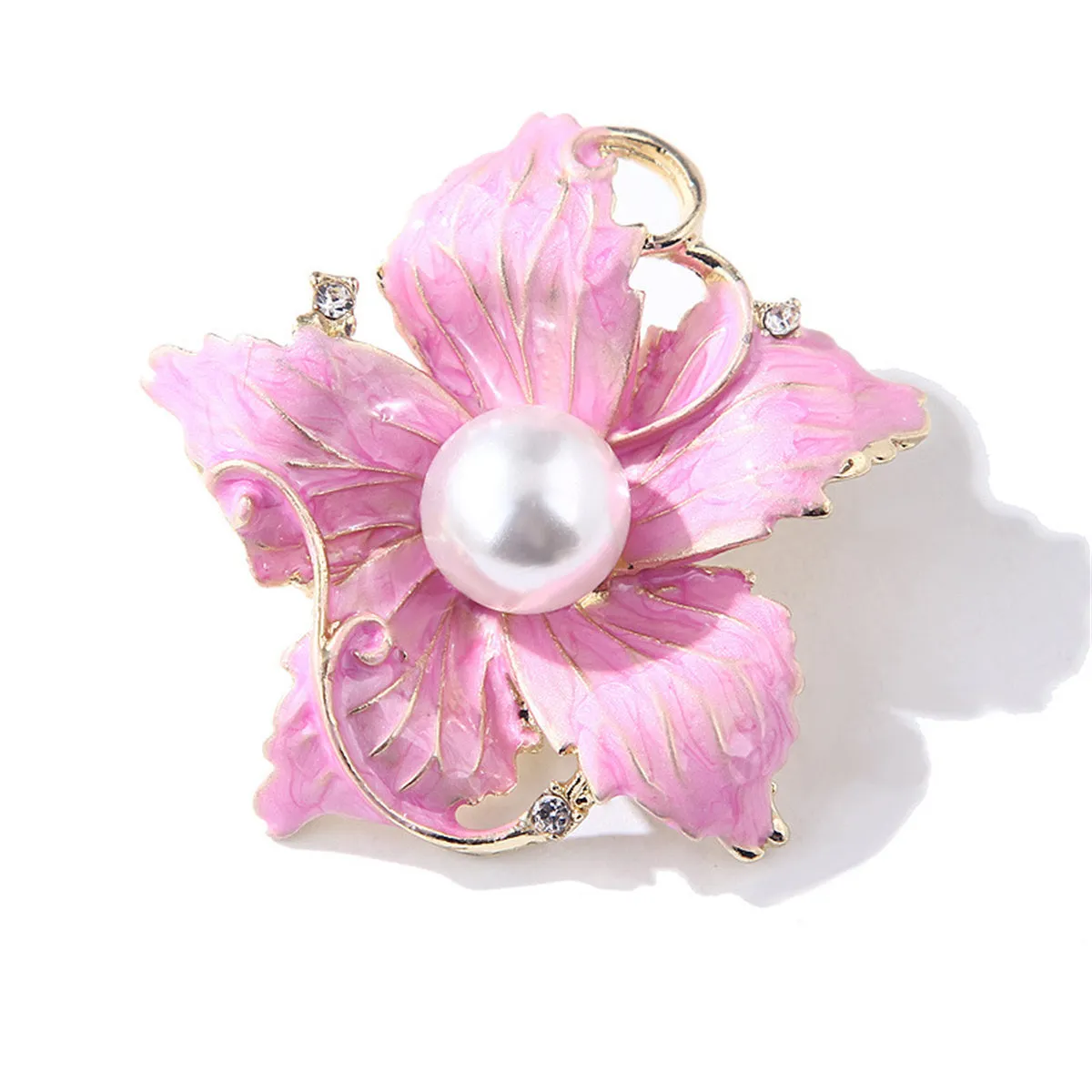 Pink Enamel & Pearl 18K Gold-Plated Flower Brooch