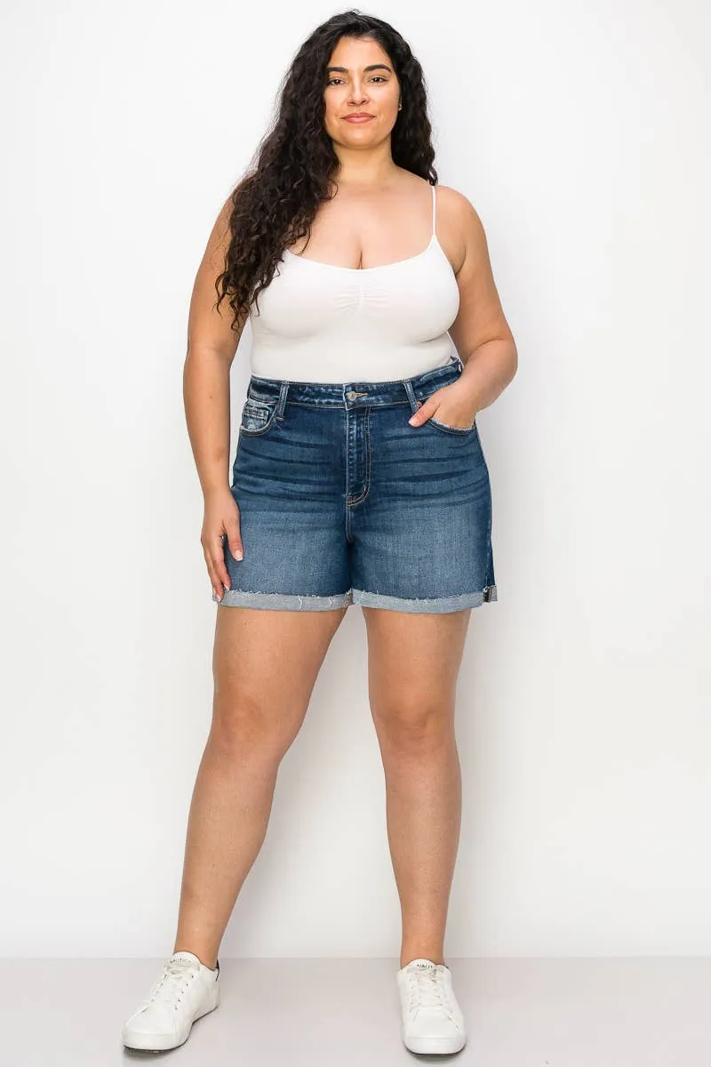 PLUS SIZE - HIGH  RISE STRETCH MIDI CUFF SHORT