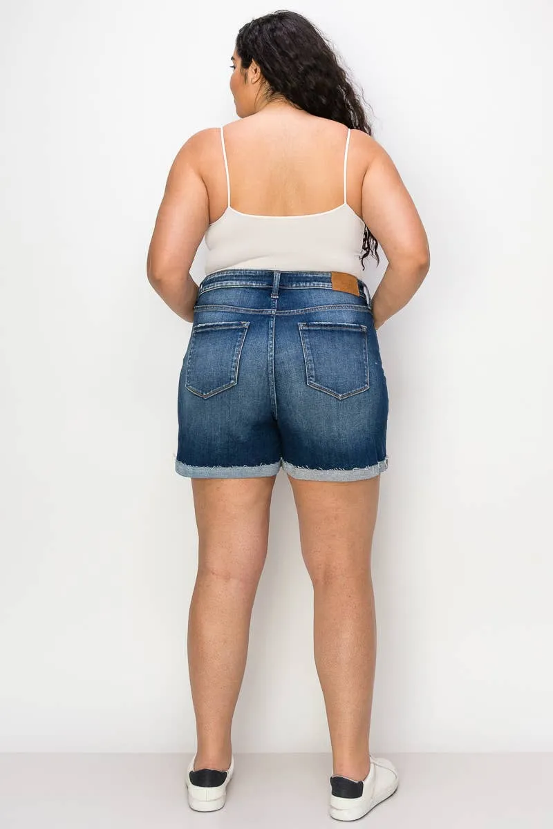 PLUS SIZE - HIGH  RISE STRETCH MIDI CUFF SHORT