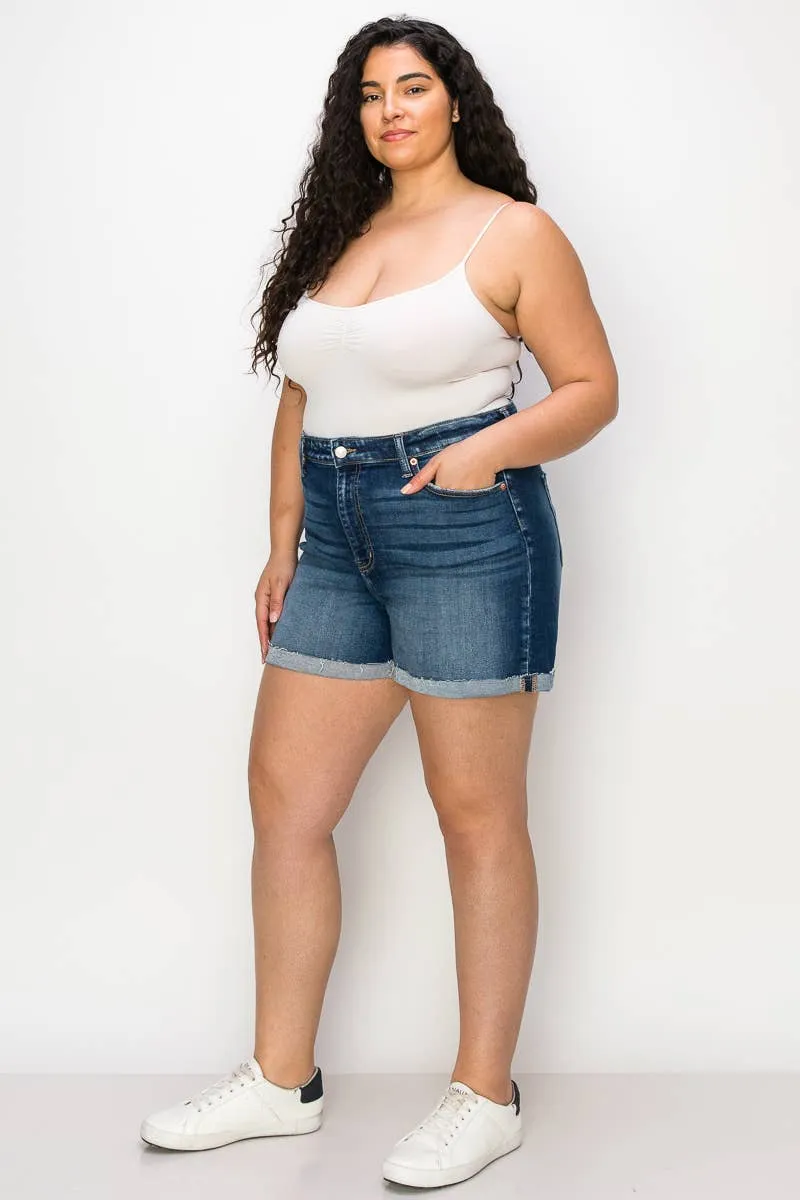 PLUS SIZE - HIGH  RISE STRETCH MIDI CUFF SHORT
