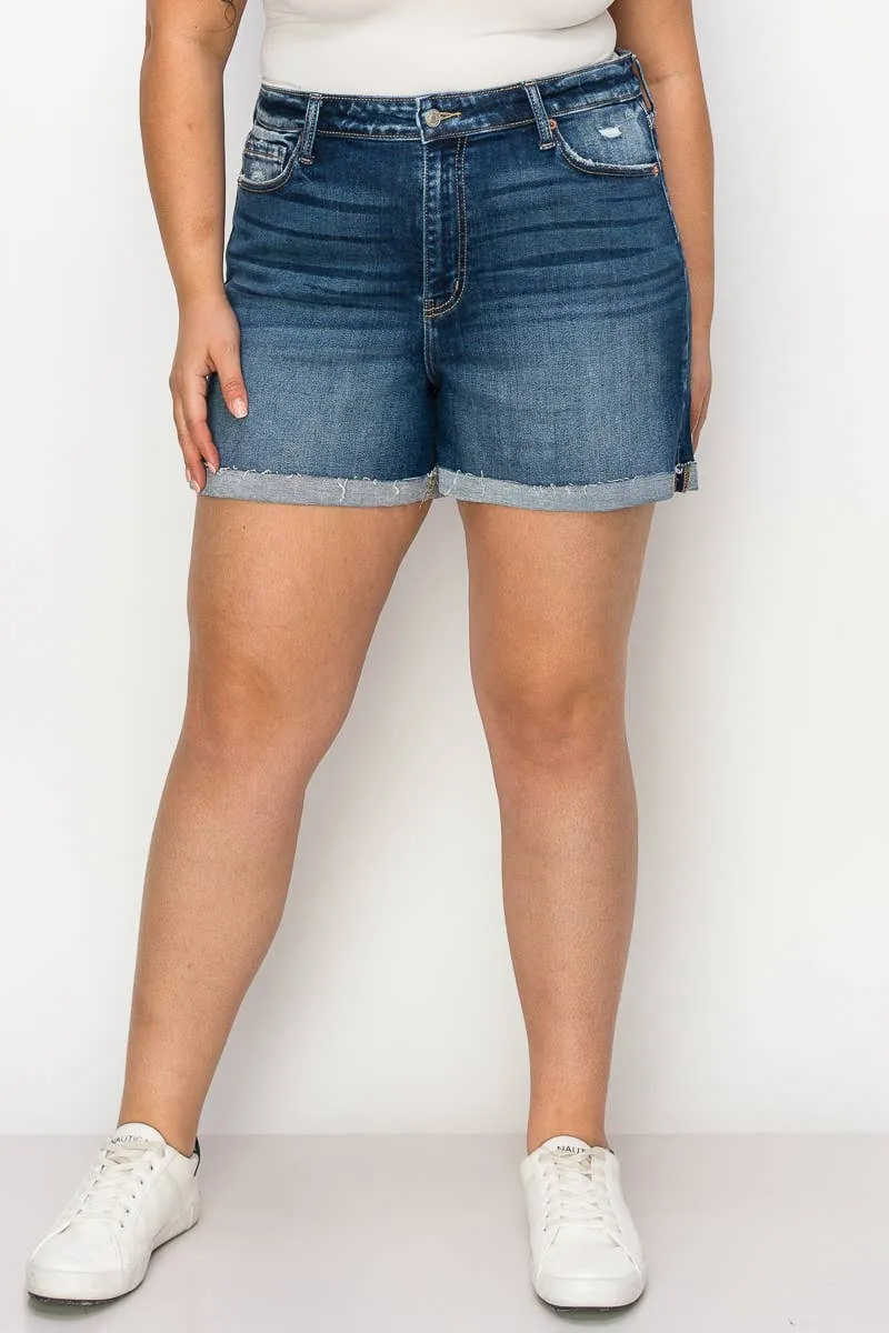 PLUS SIZE - HIGH  RISE STRETCH MIDI CUFF SHORT