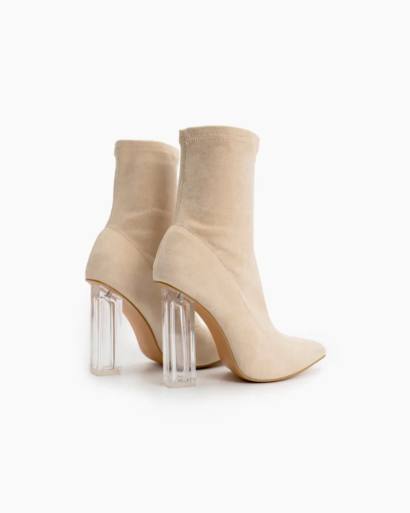 Pointed Toe Clear Heel Slip On Stretch Boots