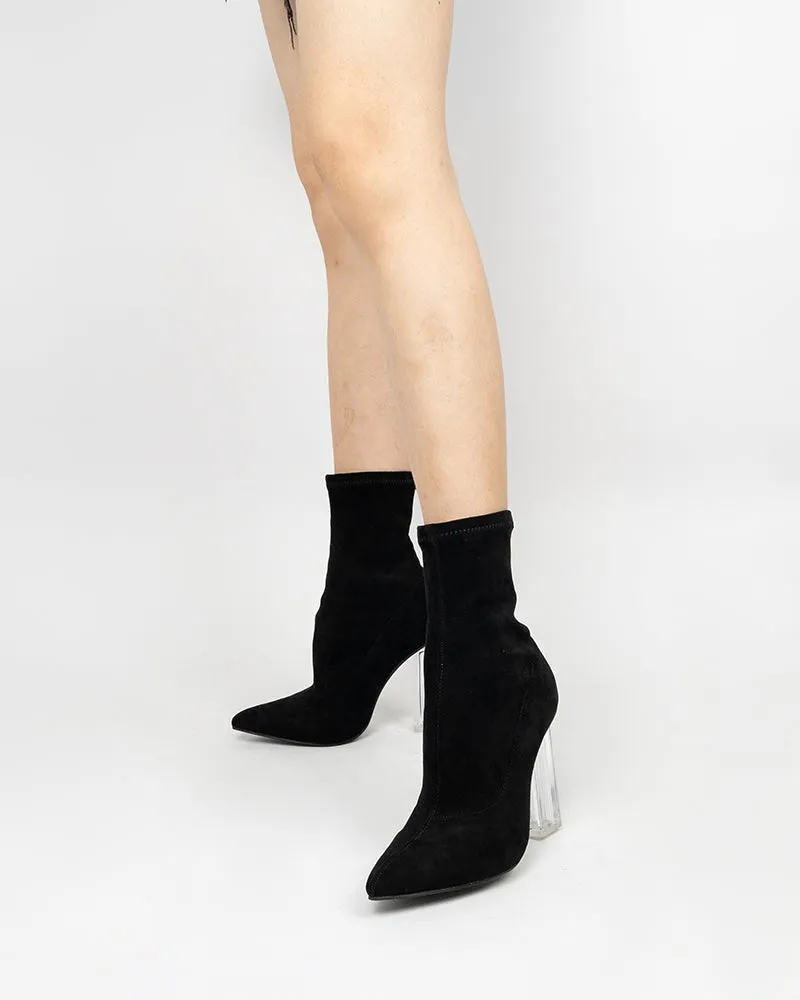 Pointed Toe Clear Heel Slip On Stretch Boots