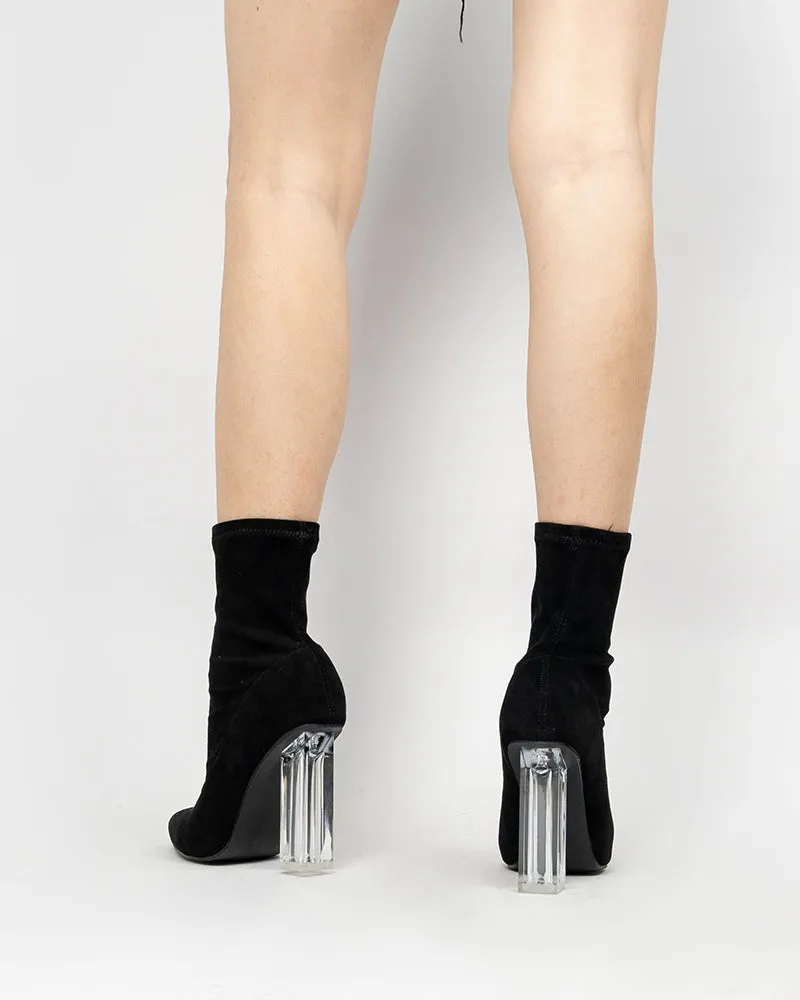 Pointed Toe Clear Heel Slip On Stretch Boots