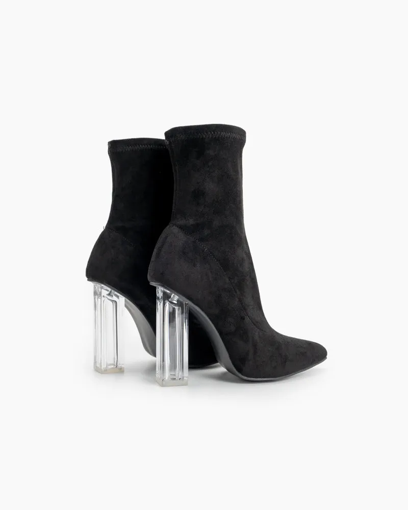 Pointed Toe Clear Heel Slip On Stretch Boots