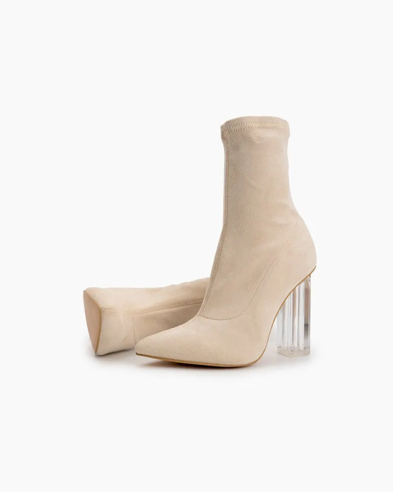 Pointed Toe Clear Heel Slip On Stretch Boots