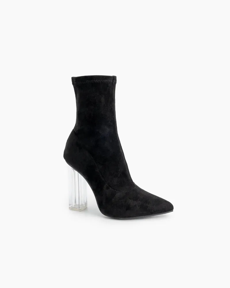 Pointed Toe Clear Heel Slip On Stretch Boots