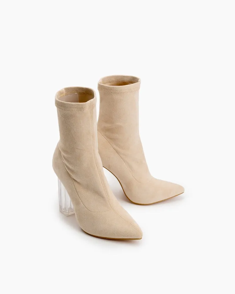 Pointed Toe Clear Heel Slip On Stretch Boots