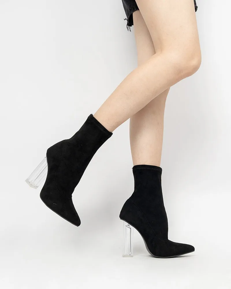 Pointed Toe Clear Heel Slip On Stretch Boots