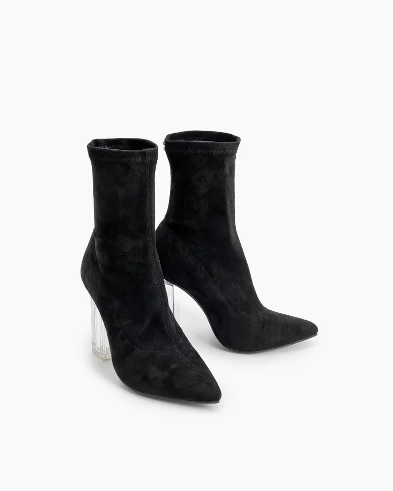 Pointed Toe Clear Heel Slip On Stretch Boots