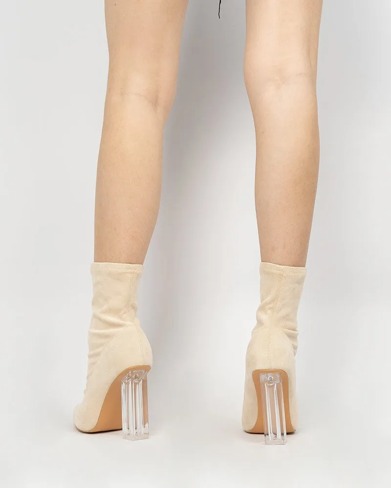Pointed Toe Clear Heel Slip On Stretch Boots