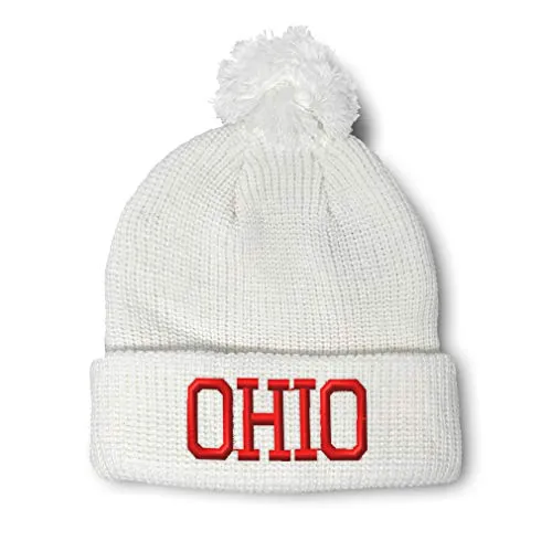 Pom Pom Beanies for Women Ohio State USA America B Embroidery Skull Cap United States State Map Names Winter Hats for Men Acrylic 1 Size White Design Only