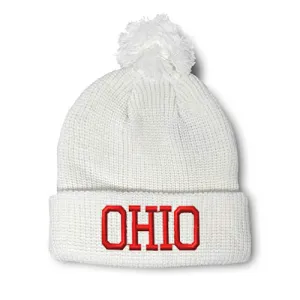 Pom Pom Beanies for Women Ohio State USA America B Embroidery Skull Cap United States State Map Names Winter Hats for Men Acrylic 1 Size White Design Only