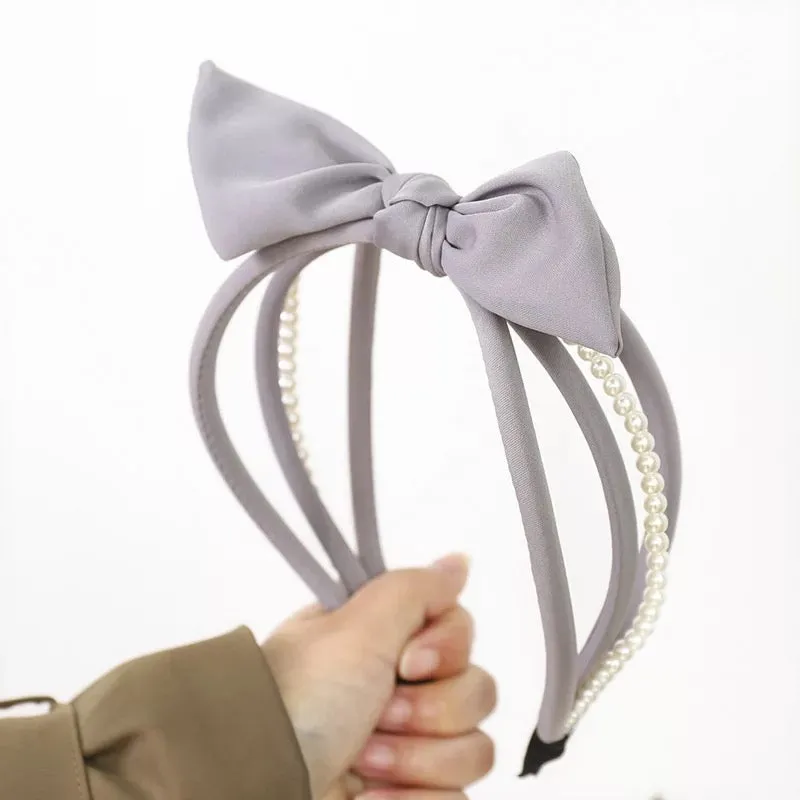 Poppy Grey Plastic Pearl Bow Hairband