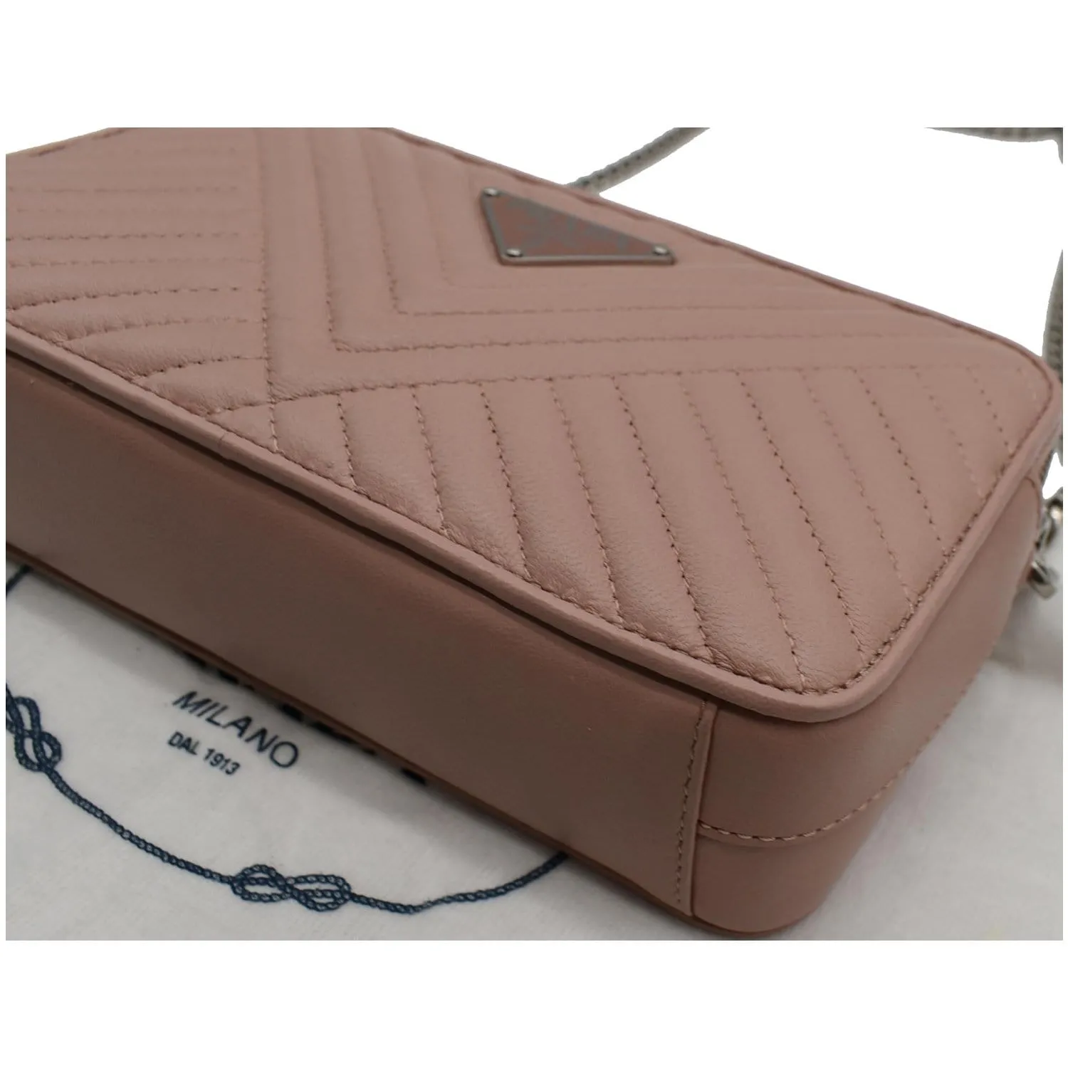 PRADA Nappa Mini Impunture Bandoliera Chain Leather Crossbody Bag Orchidea