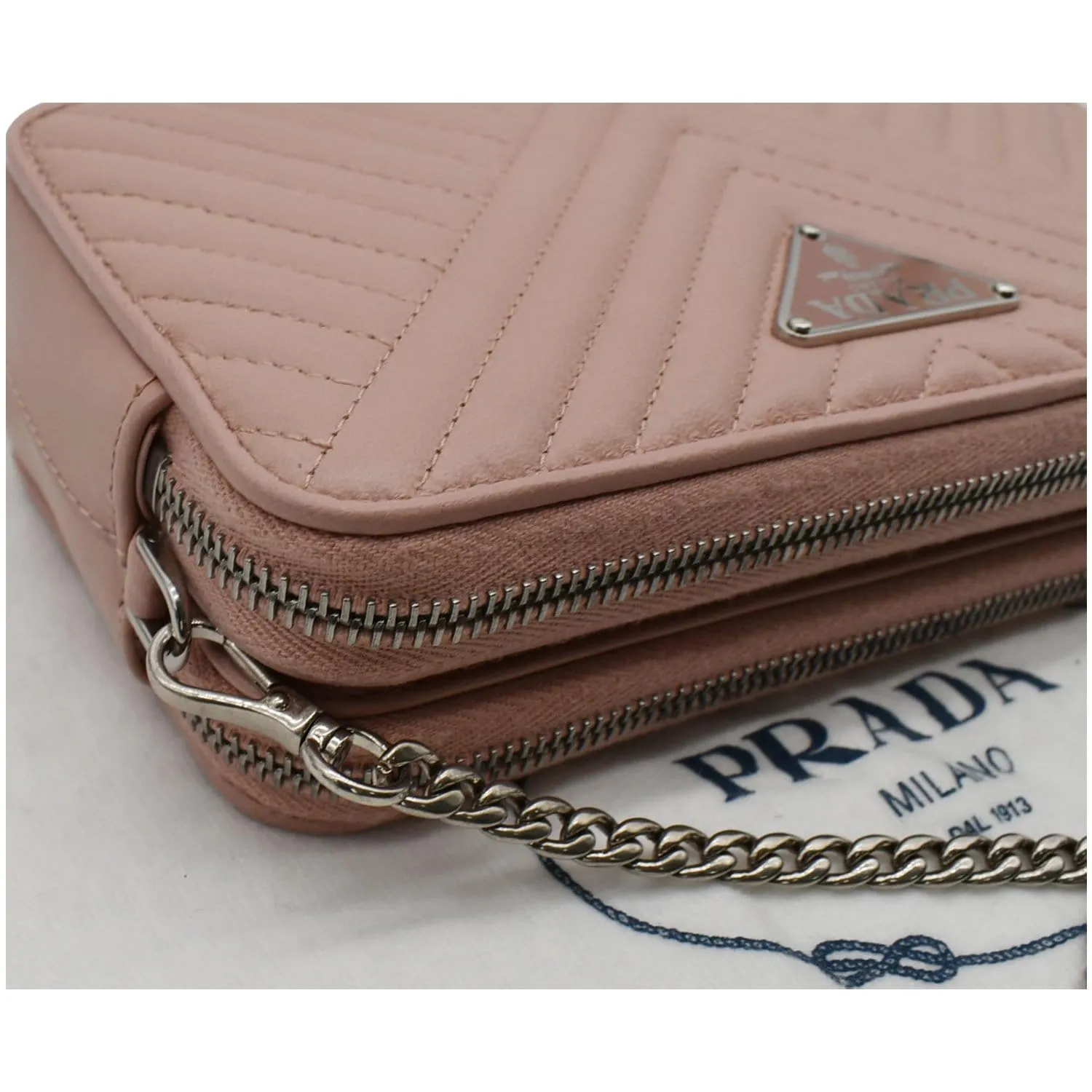 PRADA Nappa Mini Impunture Bandoliera Chain Leather Crossbody Bag Orchidea