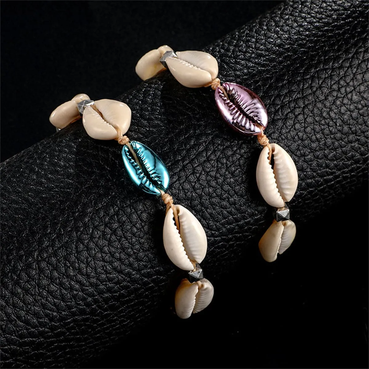 Purple & Blue Metallic Shell Adjustable Anklet Set