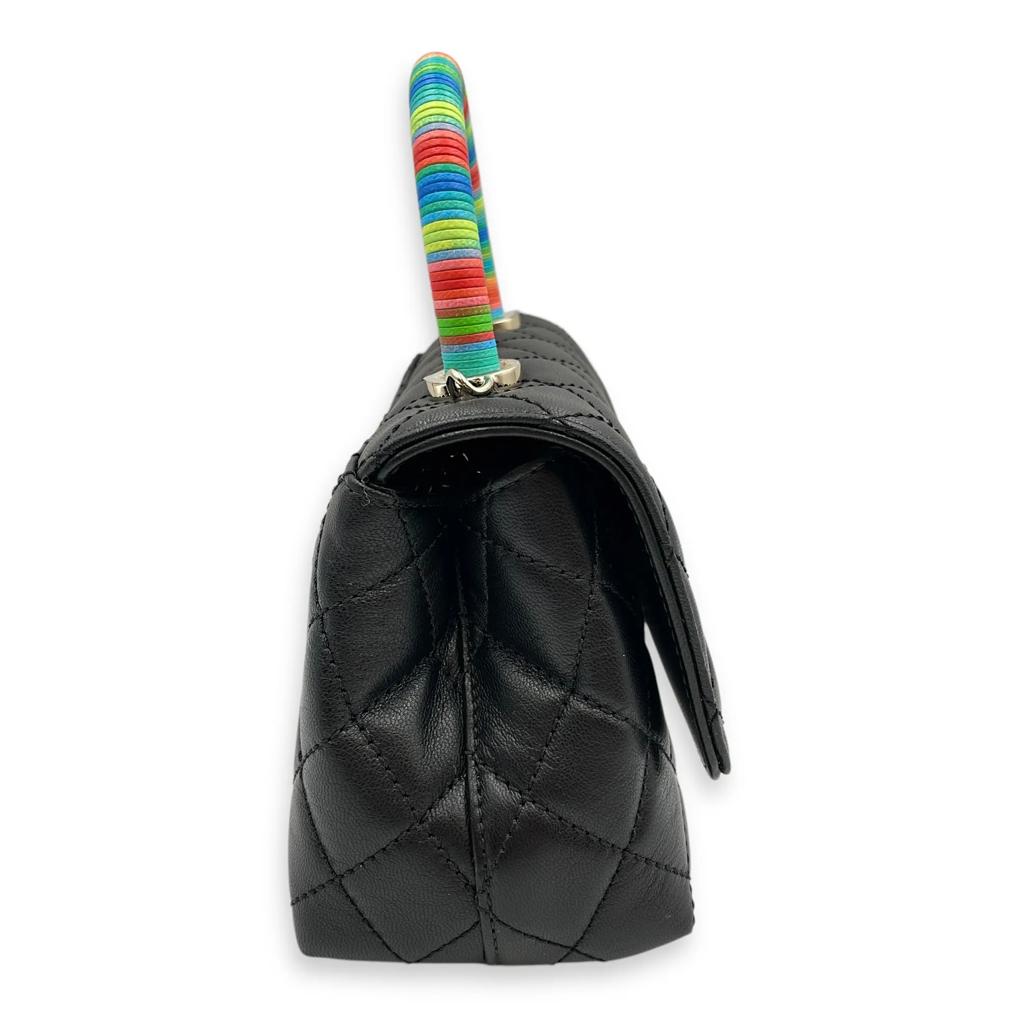 Quilted Coco Handle with Rainbow Handle Mini Black Crossbody Bag in Calfskin, Gold hardware