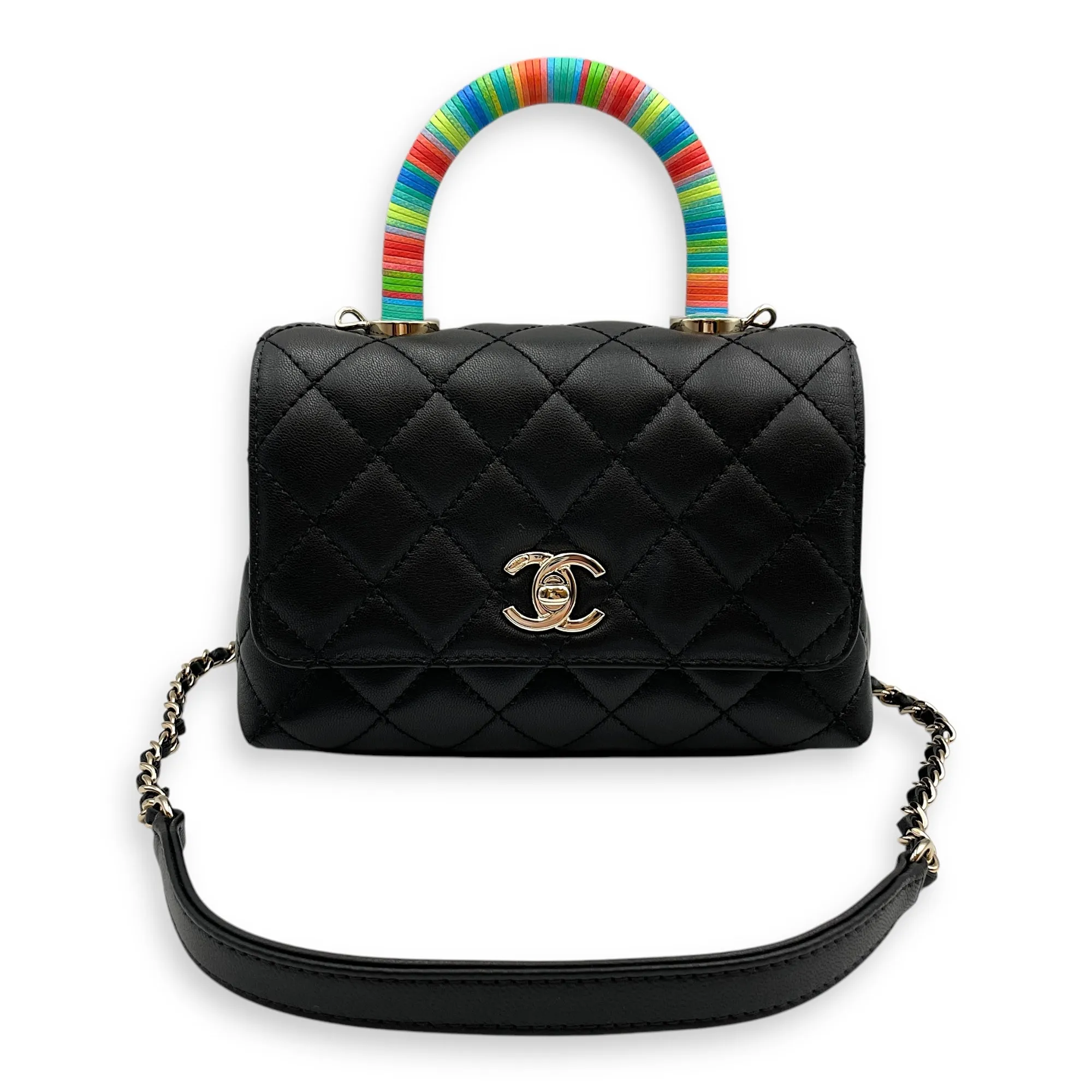 Quilted Coco Handle with Rainbow Handle Mini Black Crossbody Bag in Calfskin, Gold hardware