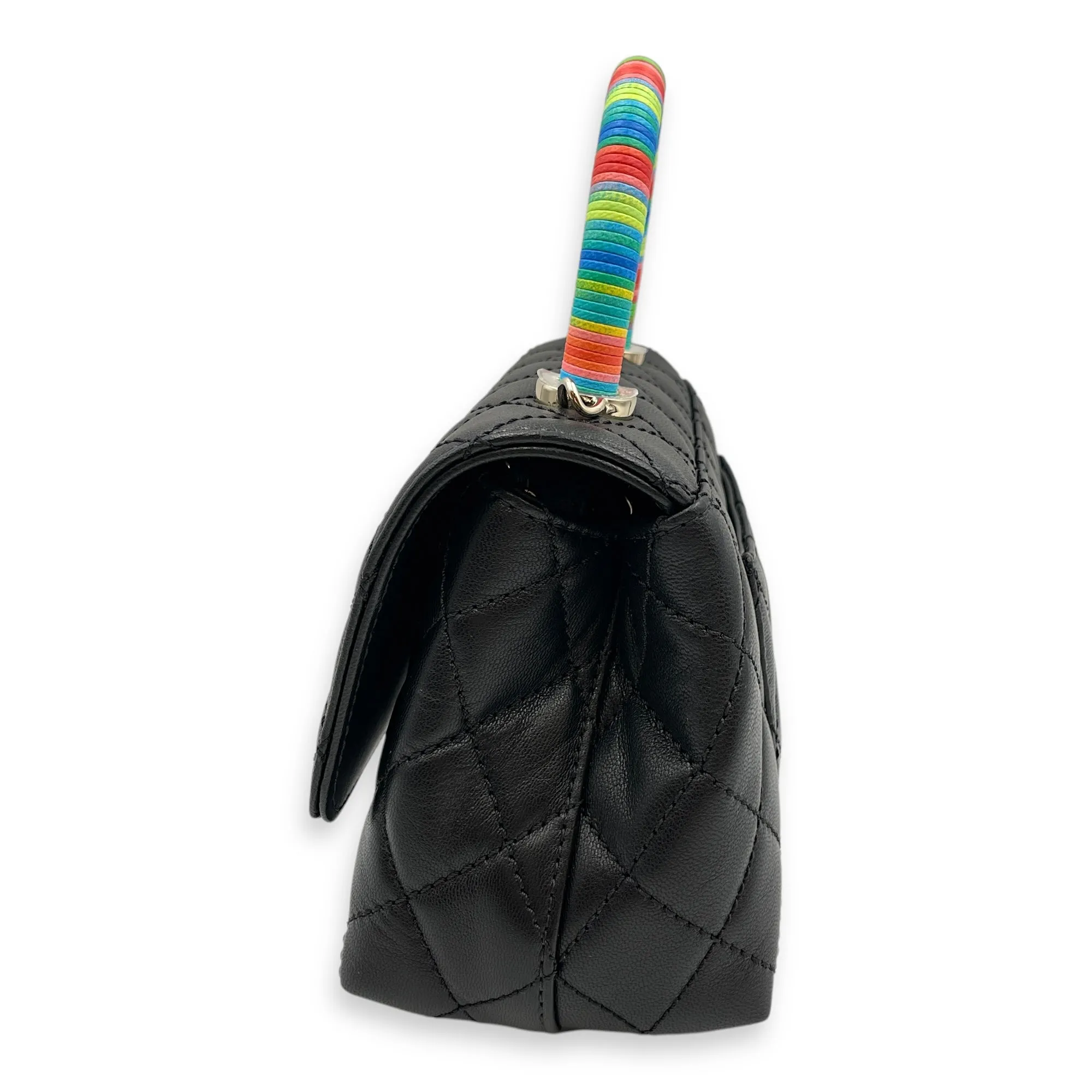 Quilted Coco Handle with Rainbow Handle Mini Black Crossbody Bag in Calfskin, Gold hardware