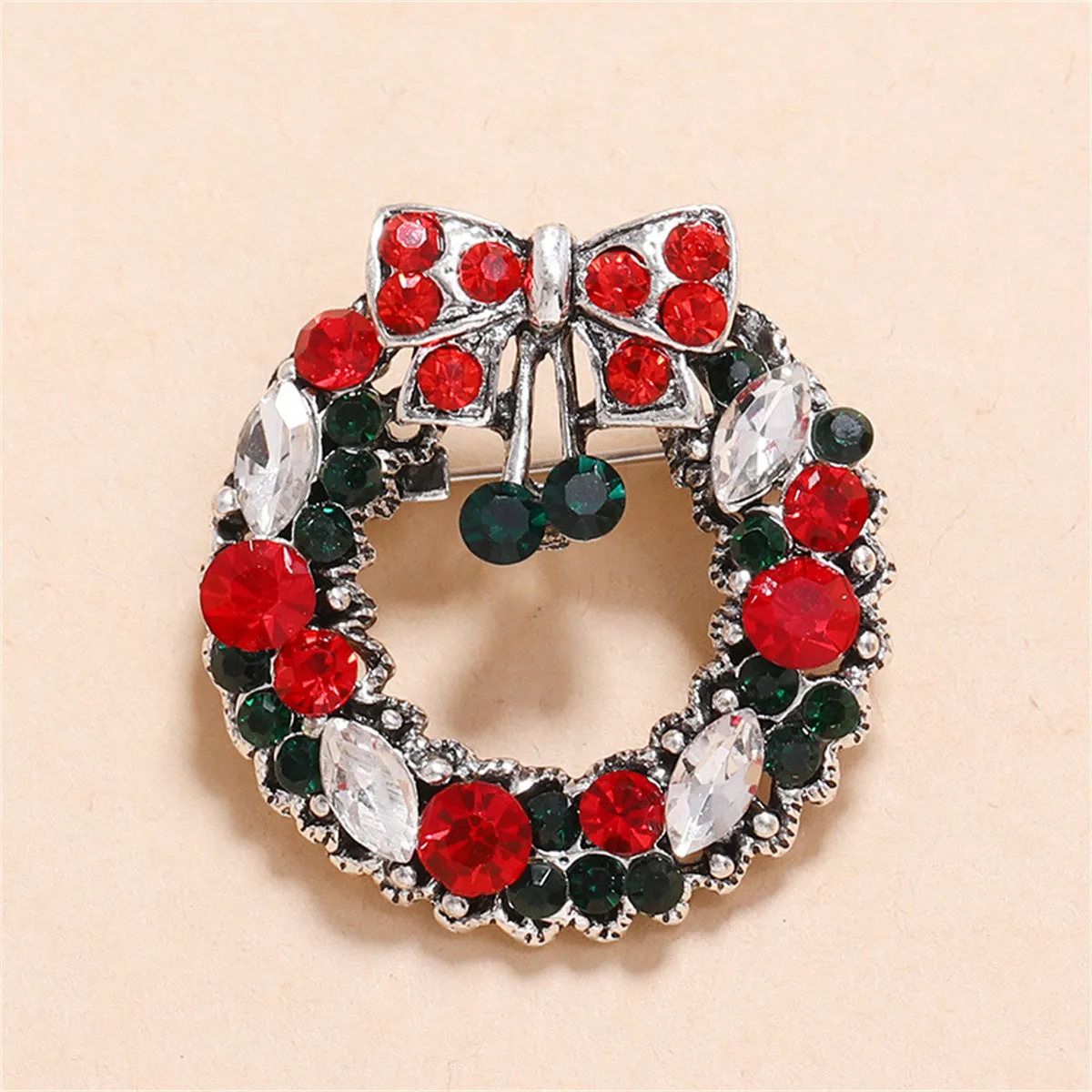 Red & Multicolor Cubic Zirconia & Silver-Plated Wreath Brooch