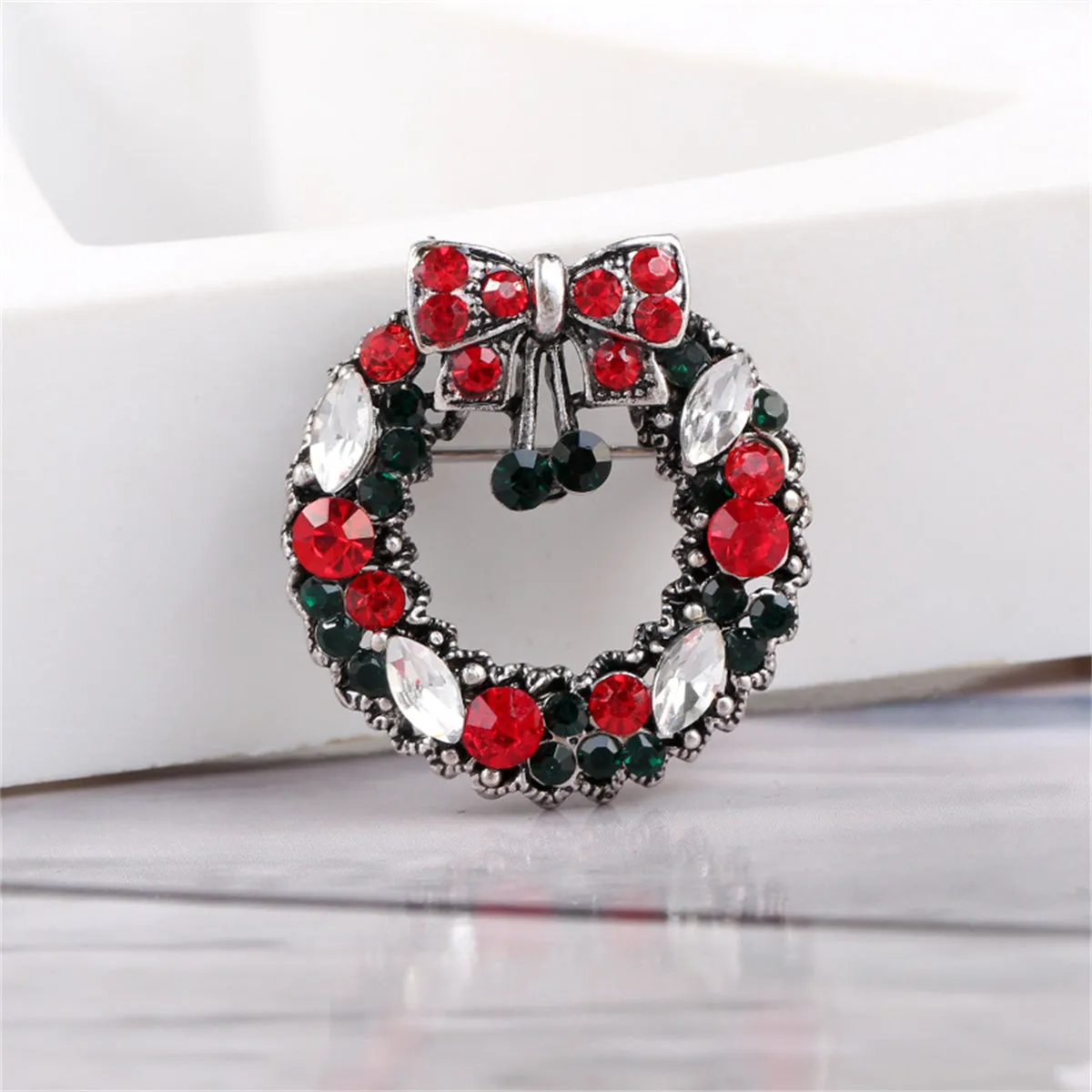 Red & Multicolor Cubic Zirconia & Silver-Plated Wreath Brooch