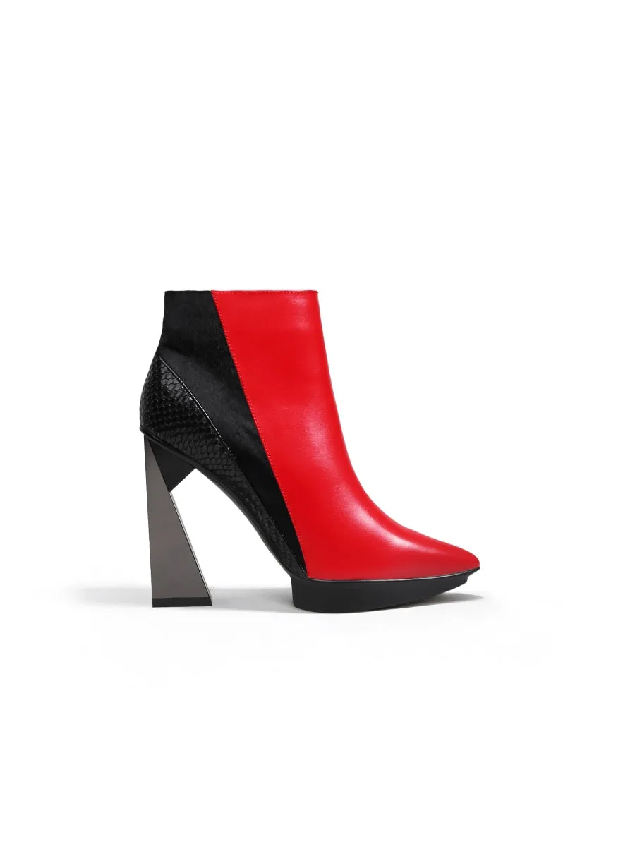 Red Black Block Heel Zip Genuine Leather Boot