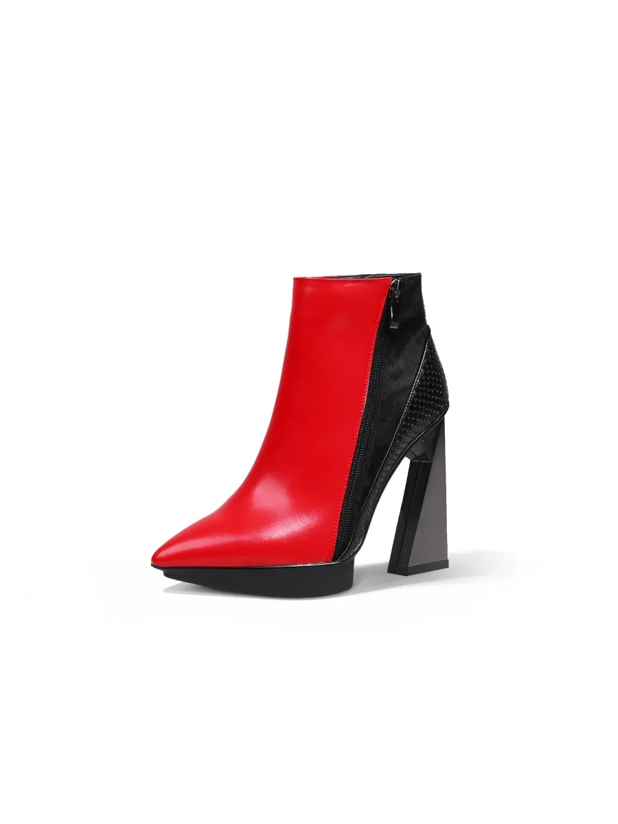 Red Black Block Heel Zip Genuine Leather Boot