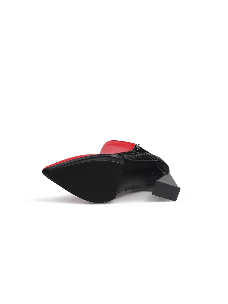 Red Black Block Heel Zip Genuine Leather Boot