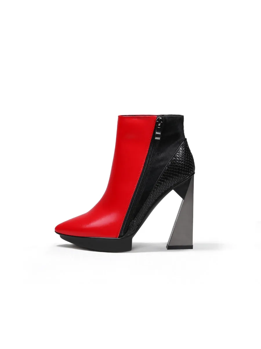 Red Black Block Heel Zip Genuine Leather Boot
