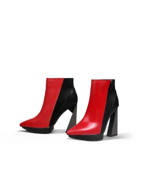 Red Black Block Heel Zip Genuine Leather Boot