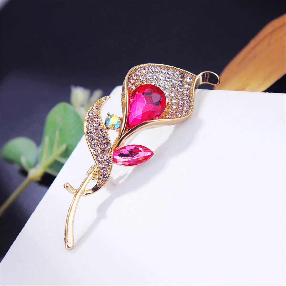 Red Crystal & Cubic Zirconia 18K Gold-Plated Lily Brooch