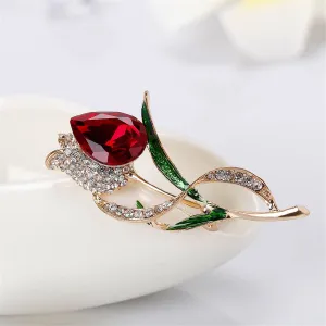 Red Crystal & Cubic Zirconia Tulip Brooch