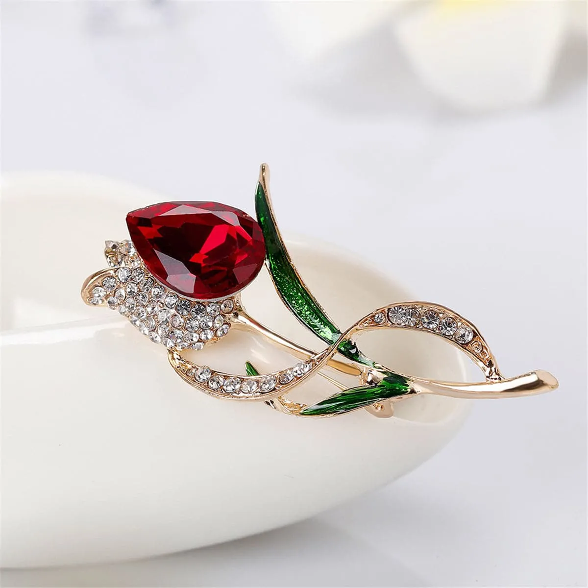 Red Crystal & Cubic Zirconia Tulip Brooch