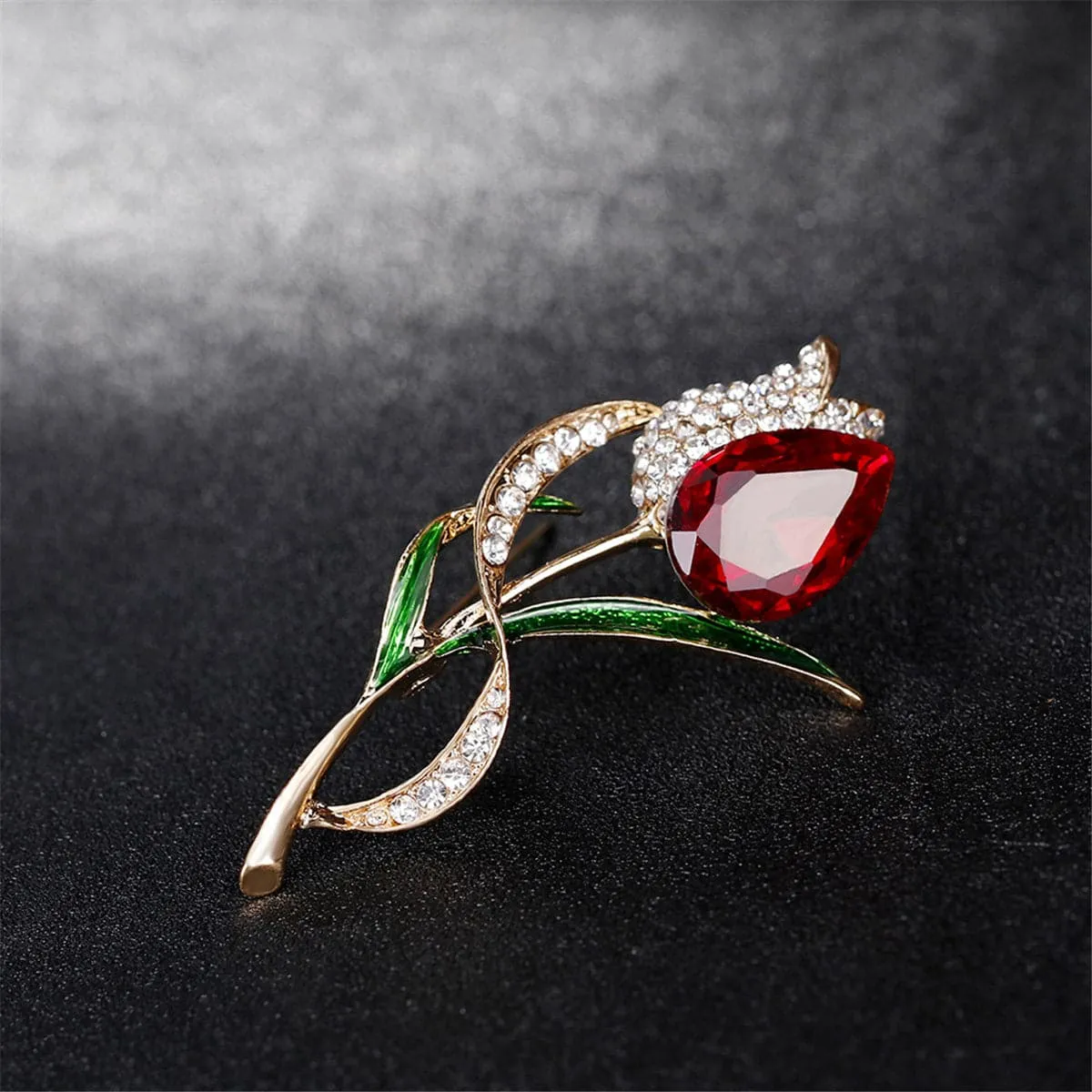 Red Crystal & Cubic Zirconia Tulip Brooch