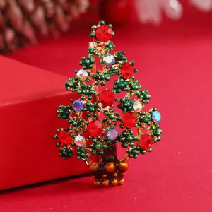 Red Cubic Zirconia & 18K Gold-Plated Christmas Tree Brooch
