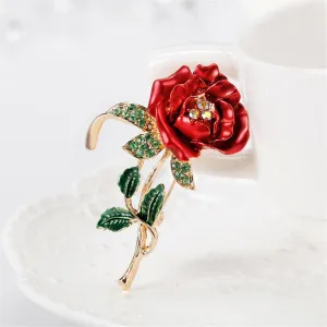 Red Cubic Zirconia & 18K Gold-Plated Rose Brooch